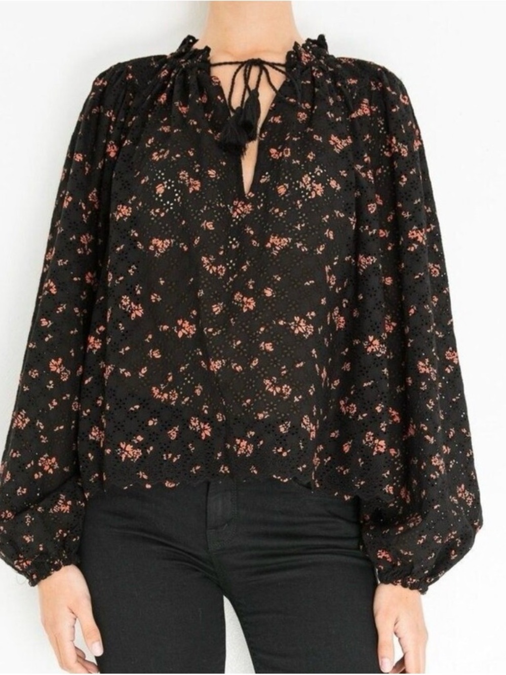 Ulla Johnson Black Blouse with Pink Floral Eyelet